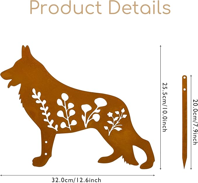 Dog Garden Stake - Unique Gift for Dog Lovers,Black Metal Outdoor Decor, Durable Yard Art Statue (Rust German Shepherd)