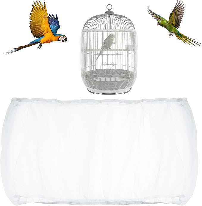 Bird Cage Seed Catcher, Adjustable White Bird Cage Net Birdcage Cover Skirt Nylon Mesh Netting, Stretchy Birds Cages Guard for Parrot Parakeet Macaw African Any Cages Cover