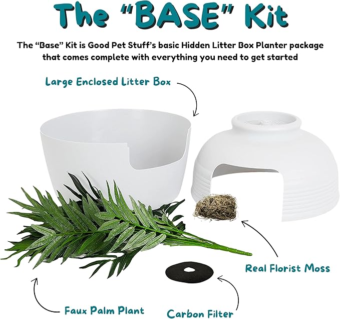 Good Pet Stuff Hidden Litter Box Planter, Decorative Cat Litter Enclosure with Carbon Filter, Artificial Plant, Easy Clean, Indoor Design, Original Round Style, Base Kit, White Birch