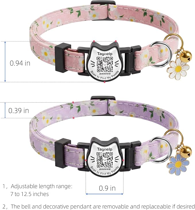 Cute Floral Breakaway Cat Collar with QR Code ID Tag, Soft Cotton Adjustable Kitten Collar with Bell, Personalized Scan ID for Cats, Daisy Pattern, Flower Pendant(Purple)
