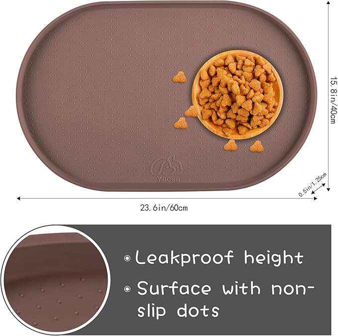 100% Waterproof 0.5" Raised Edge BPA Free Silicone Dog Food Mat, Pet Cat Feeding Mats Contain Spills Protects Floors, Placemats for Cats and Dogs Water Bowl Dishwasher. (Large/XL, Brown)