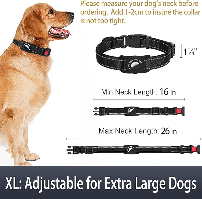 Airtag Dog Collar with AirTag Holder for Large Dogs, Reflective, Soft Padded & Safety Locking Buckle, Nylon Pet Collars Adjustable for All Breeds, Black,XL