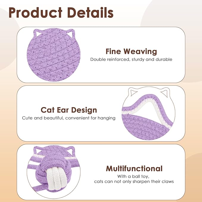 Cat Scratcher Mat, Natural Cotton Rope Cat Scratch Pad, 15.7'' Round Horizontal Floor Cat Scratching Pads for Indoor Cats, Cat Furniture Protector for Wall, Couch, Carpets, Sofas, Purple