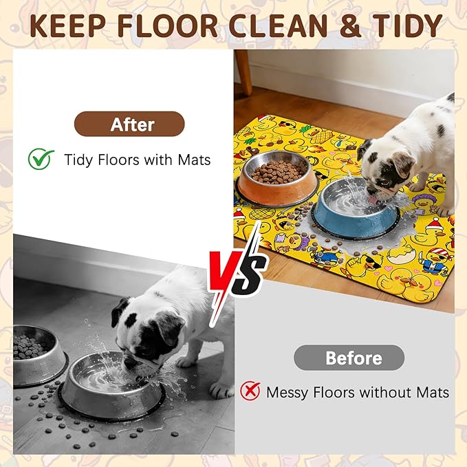 Dog Food Mat for Bowls, Absorbent Quick Dry Dog Cat Mats for Food and Water, Non-Slip Backing Pet Mat Pet Supplies - Duck Pattern