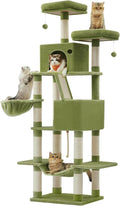Feandrea Cat Tree, 81.1-Inch Large Cat Tower, Multi-Level Plush Condo with 13 Scratching Posts, 2 Perches, 2 Caves, Basket, Hammock, Pompoms, Green UPCT190C01