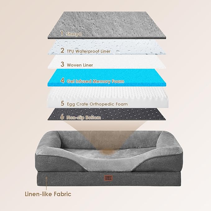 EHEYCIGA Orthopedic Dog Bed for Medium Dog, 35x22x6.5 Inch Memory Foam Dog Couch Bed with Sides, Waterproof Liner & Washable Removable Cover, Bolster Pet Sofa, Grey