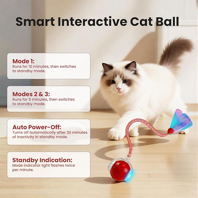 Rocfish Interactive Cat Toy for Indoor Cat, Smart Automatic Cat Chase Ball Toy (Red-N)