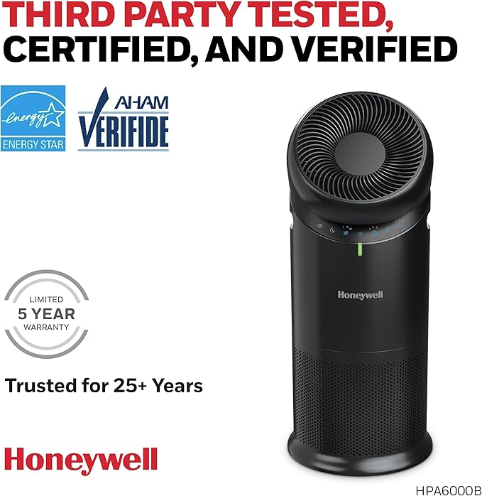 Honeywell Allergen Plus™ 3-in-1 HEPA Air Purifier, Fan & Air Circulator, 1928 Ft² Rooms in 1 hour, Air Quality Sensor, Sleep Mode, Reduces Allergens, Pet Dander, and Odors, Black, HPA6000B