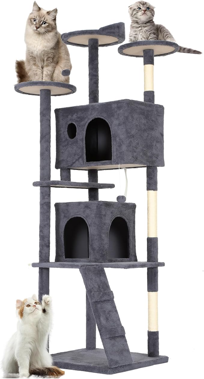 FDW | 81" Cat Tree Tower | Dark Gray | Multi-Level Indoor Activity Center with Sisal Scratching Posts, Condos, Plush Perches, Hanging Cat Toys | Sturdy, Easy to Assemble | for Kittens & Adult Cats