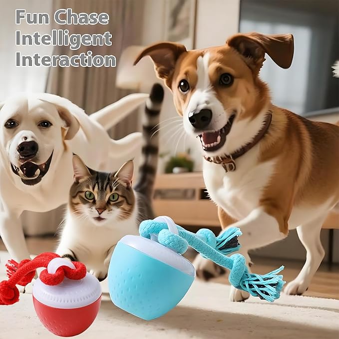 Interactive Dog Toys, Interactive Dog Ball with Birdsong Squeaky Chewable Rope for Small/Medium/Large Dogs,Automatic Moving Dogs Toy Wicked Ball for Boredom & Training,Dog Toys to Keep them Busy (Red)
