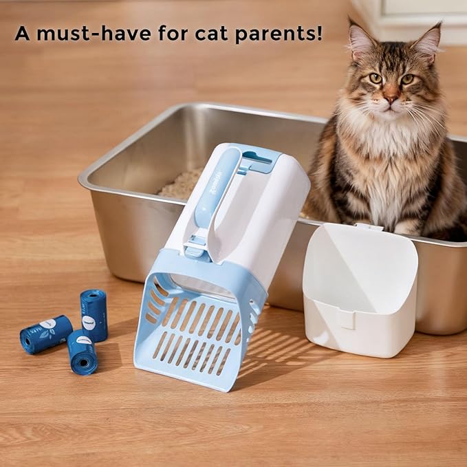Cat Litter Scoop with Holder & Trash Can, 3-in-1 Mess-Free Poop Scooper Includes 90 Bags, Litter Box Scoop Shovel for Sifter Box Waste Disposal, Blue White