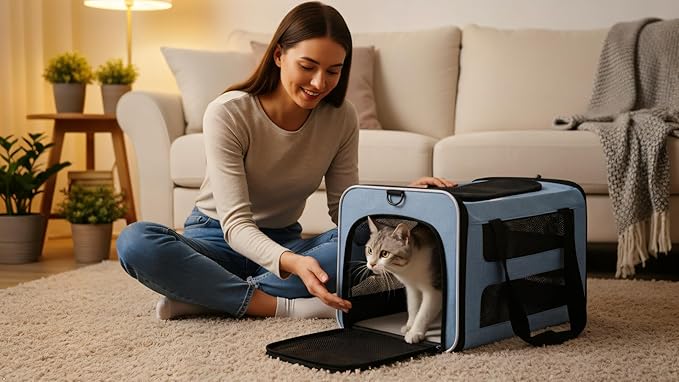 Cat Carrier Soft-Sided Travel Bag for Medium to Large Cats Over 15lbs, Small Dog Carrier Crate Top Entry Breathable Mesh Puppy 12 Pounds, Pet Rabbit Carrying Cage Kennel Collapsible Blue