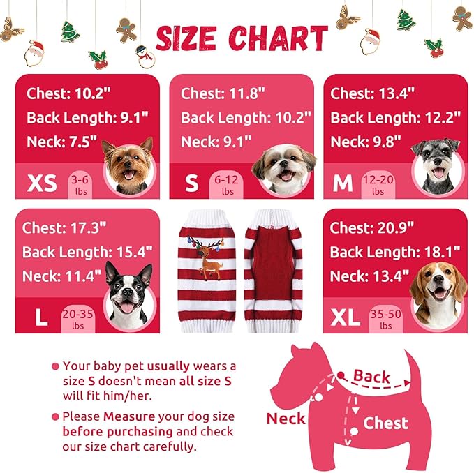 Christmas Dog Sweaters Xmas Pet Outfits Striped Elk Costume Holiday Clothes Gifts Puppy Cat Knitted Jumpers (XL,Red White Stripe Elk)