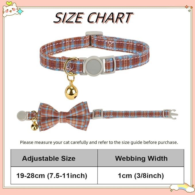 2 Pack Cotton Cat Collar, Removable Bowtie, Plaid Pattern, Safety Breakaway Clasp, Adjustable for Cats.(Adult Cat, Beige and Red)