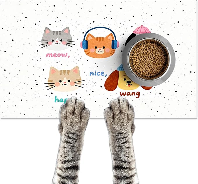 Pet Feeding Mat 24x16 inch Cat and Dog Print Meal Pad Non Slip Floor Mat for Food and Water Indoor Feeding Station Cute Pet Bowl Placemat for Small Cats and Dogs Kitchen Use