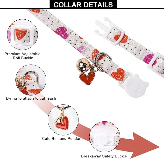 Lionet Paws 2pcs Pack Valentine's Day Cotton Cat Collar,White Breakaway Buckle with Colorful Pink Heart Cute Adjustable Cat Kitten Collar,Ideal for Girl Cats