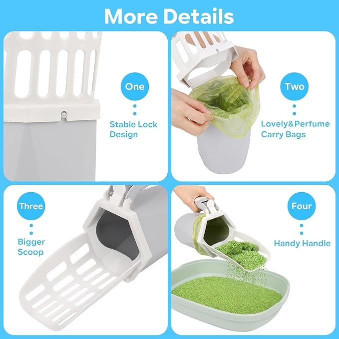 MYPIN Cat Litter Scooper with Holder, Cat Litter Shovel with Waste Can and Refill 195 Bags, Large Capacity Cat Scooper Portable Litter Shovel, Cat Litter Sifter Scoop System with Bags