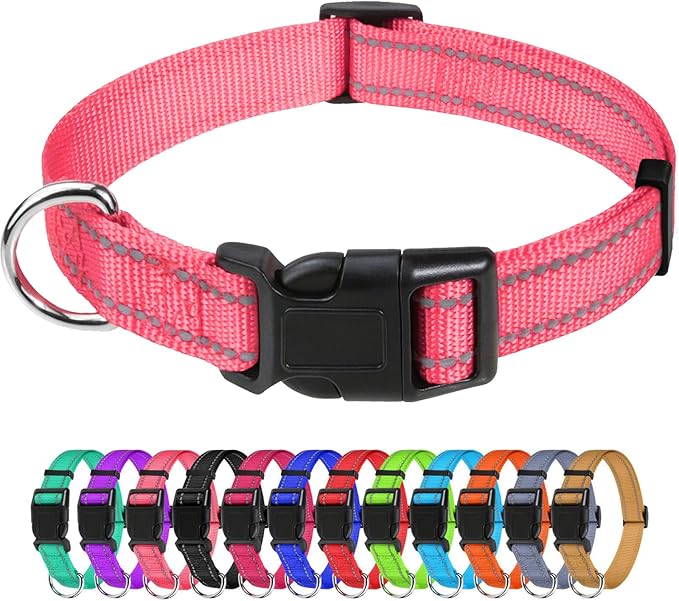 TagME Reflective Nylon Dog Collars, Adjustable Classic Pet Collar with Quick Release Buckle for Small Dogs, Baby Pink, 3/4" Width