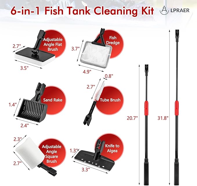 Lpraer Multifunction 7 PCS Aquarium Cleaning Tools Bundle Kit Set Adjustable Fish Tank Cleaner w/Long Telescopic Extended Handle,Fish Net,Algae Scraper, Sponge Pad, Gravel Rake & Cleaning Brush