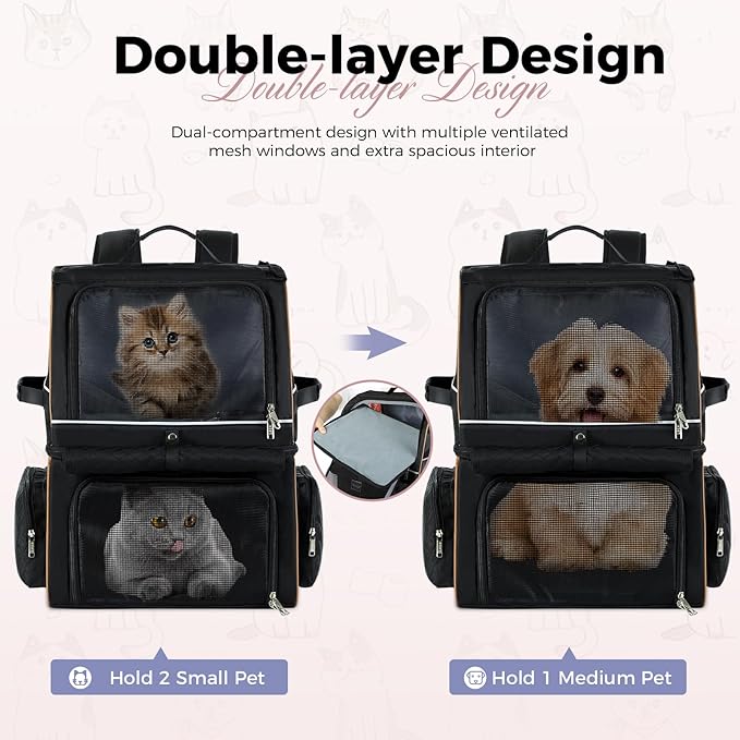 Lekebobor Double Cat Backpack Carrier for 2 Cats, Double-Compartment Pet Carrier Backpack for Two Small Cat or One Medium Cat, Cats Carrier Backpack Dog Carrier Backpack Fits Up to 24 Lbs,Black