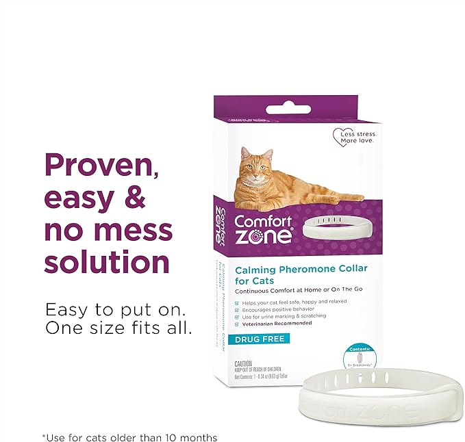 Comfort Zone Cat Calming Collar: 1 30-Day Calming Collar; Cat Pheromones Help Anxiety, Reduce Stress, Urine Marking, Scratching; Indoor or Outdoor Cats; Long-Lasting