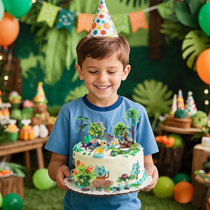 26Pcs Rainforest Animal Figures, Realistic Jungle Animals Toys with Snake Sloth Leopard Monkey Bird Insects Trees for Kids Educational Birthday Diorama Decoration Party Favor School Projects