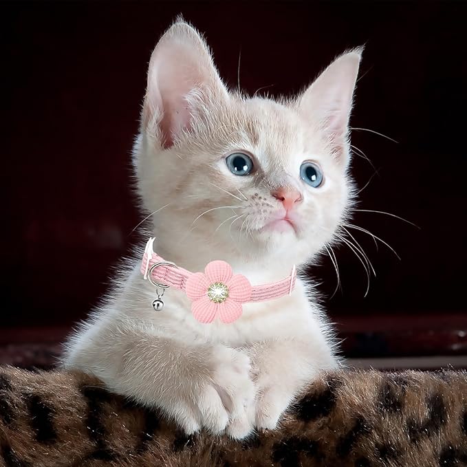 Cat Collar, HANSHILAI Kitten Collar with Bells, Cute Cat Collar Breakaway for Girl Boy with Flower,Collar para Gatos (Rhinestones Yellow & Pink & Orange & Purple)
