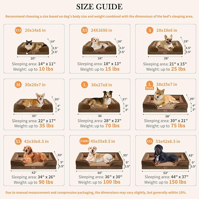 Comfort Expression Orthopedic Dog Bed for Large Dogs 35x22 Inch, Waterproof Supportive Egg Crate Foam Large Pet Bed with Removable Bolsters, Dog Couch with Washable Cover & Non-Slip Bottom, Brown