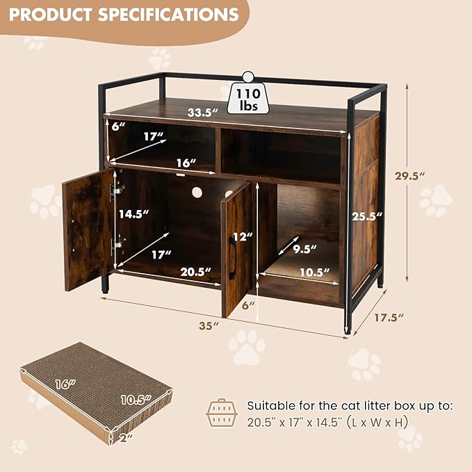 Giantex Cat Litter Box Enclosure - Cat Washroom Hidden Furniture with Front Entry, Scratcher, 2-Door Storage Cabinet, 2 Compartments, Air Vents, Metal Frame, Wooden Pet Crate House (Rustic Brown)
