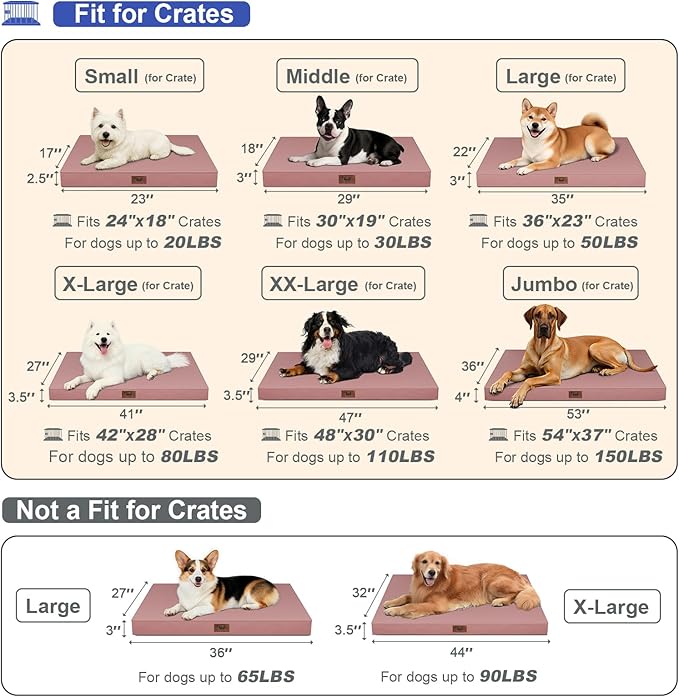 Outdoor Dog Bed for Medium Dogs, Waterproof Dog Crate Mat Orthopedic Egg Crate Foam Pet Bed with Washable Removable Oxford Cover, Pink