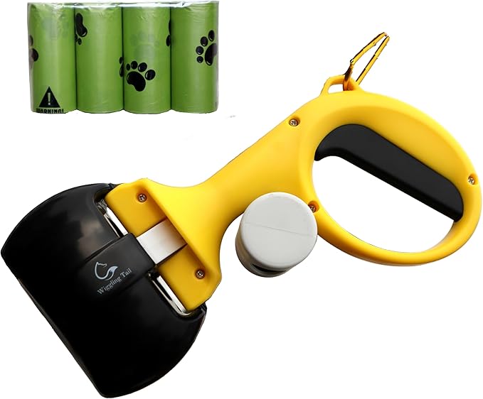 Pet Poop Scooper for Dogs and Cats, Kid-Friendly, Portable & Easy Clean Dog Waste Tool, Hands-Free Bag Attachment for Walks, Indoor, Travel & Outdoor Use, One-Hand Operation (5 Rolls Trash Bags)