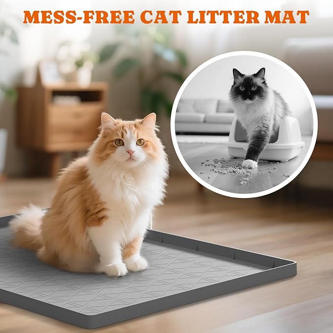 Pawtners Large Cat Litter Mat for Litter Box 2 Packs, 34" x 22" Waterproof Silicone Pad for Floor, Easy to Clean, Gray