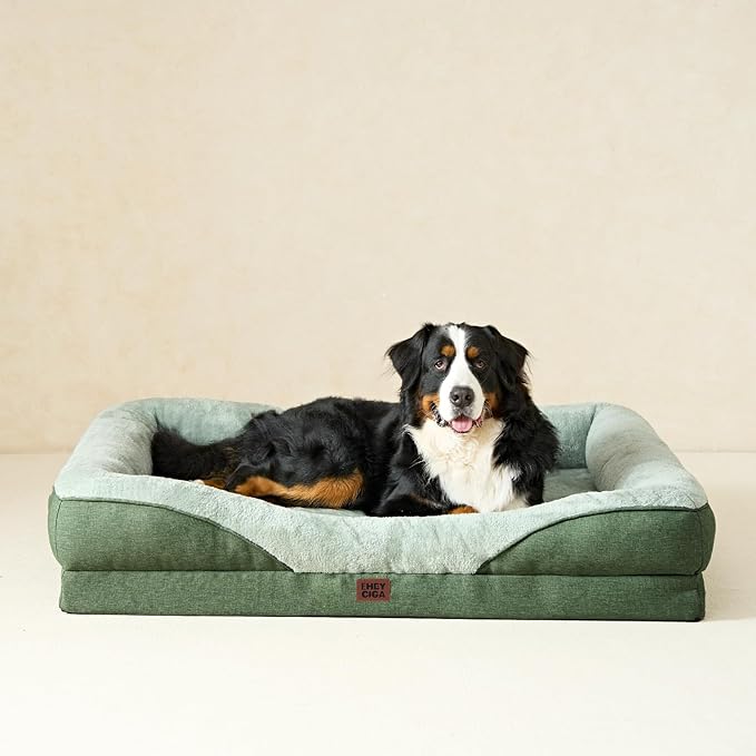 EHEYCIGA Orthopedic XL Dog Bed for Large Sized Dog, 42x30x7.5 Inch Extra Large Memory Foam Dog Couch Bed with Sides, Waterproof Liner & Washable Removable Cover, Green