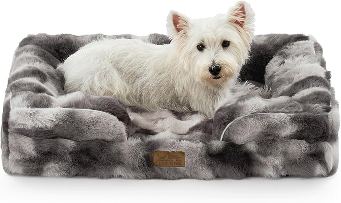 Orthopedic Dog Bed for Medium Small Size Dog, Soft and Warm Faux Fur Sofa for Pet Up to 40 lbs, Foam Bolster Anti-Slip Couch with Washable Removable Cover, M 30x20x6.5 inch, Tie Dye Grey