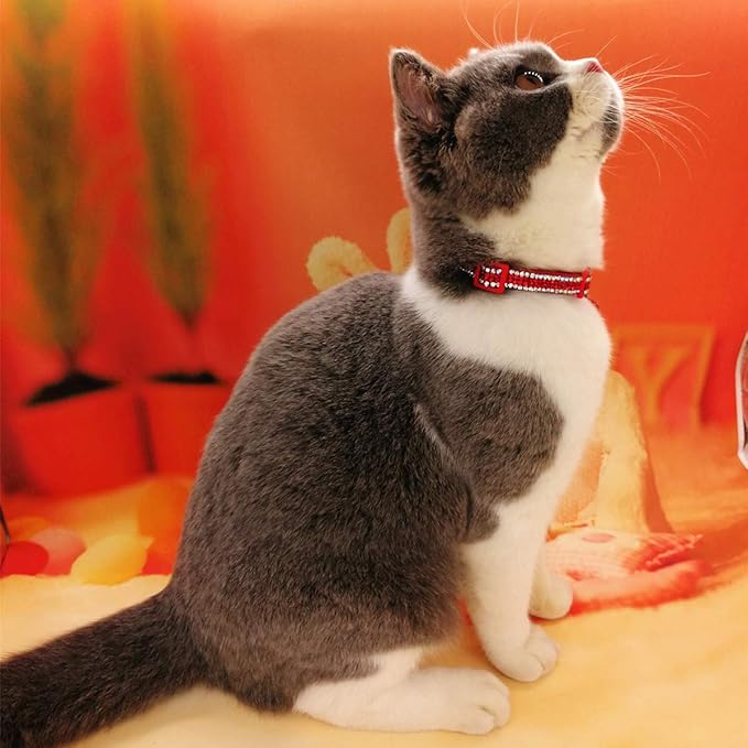 THAIN Basic Adjustable Cat Collar Bling Diamond Breakaway with Bell for Kitten Girl boy (Red)