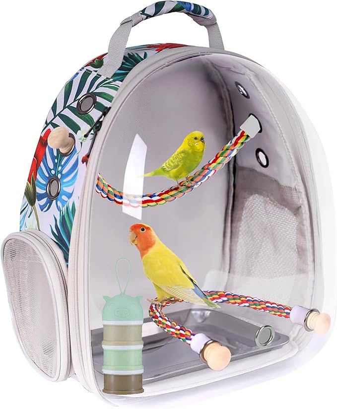 Bird Traval Carrier Cage, Clear Space Capsule Astronaut Backpack to Carry Parakeet Cockatiel Parrot with Metal Tray Wooden Perch and Bird Feeder, Vet Transport Book Bag Floral Printed
