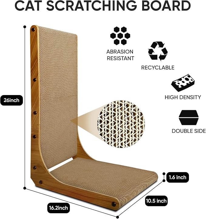 AGYM Cat Scratcher, 26 inch L Shape Cat Scratching Pad for Indoor Cats, Durable Sustainable Cardboard Scratcher with Box, Recyclable Vertical Cat Scratch Pad to Protect Furniture, Large