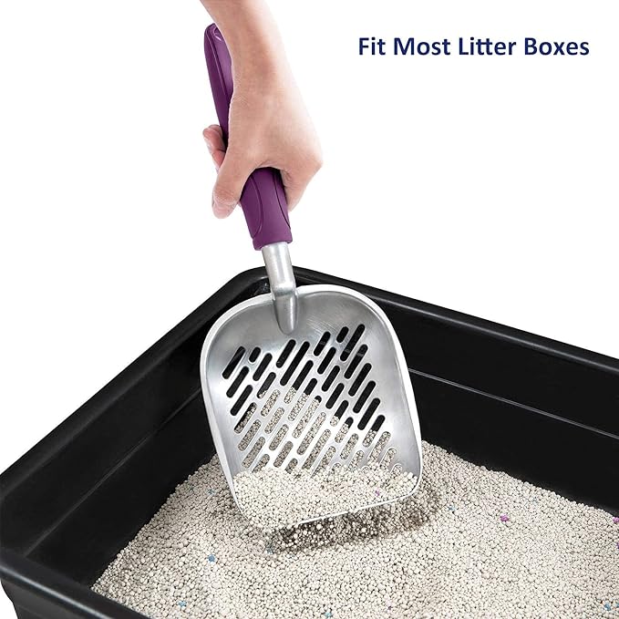 WePet Cat Litter Scoop, Aluminum Alloy Sifter, Kitty Metal Scooper, Deep Shovel with Diagonal Sifting Hole, Long Handle, Kitten Poop Lifter for Litter Box, Medium Size, Violet Handle