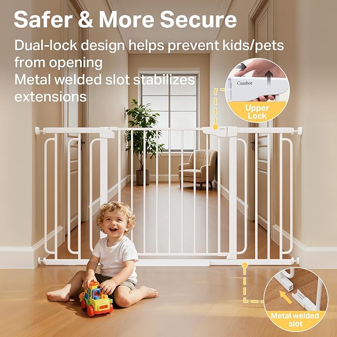 Cumbor 36.6-59" Extra Wide Baby Gate for Stairs, Pressure Mounted Dog Gate for Doorways, Auto-Close Easy Walk Through Safety Child Gate for Kids Toddler, Tall Pet Gates Indoor, White