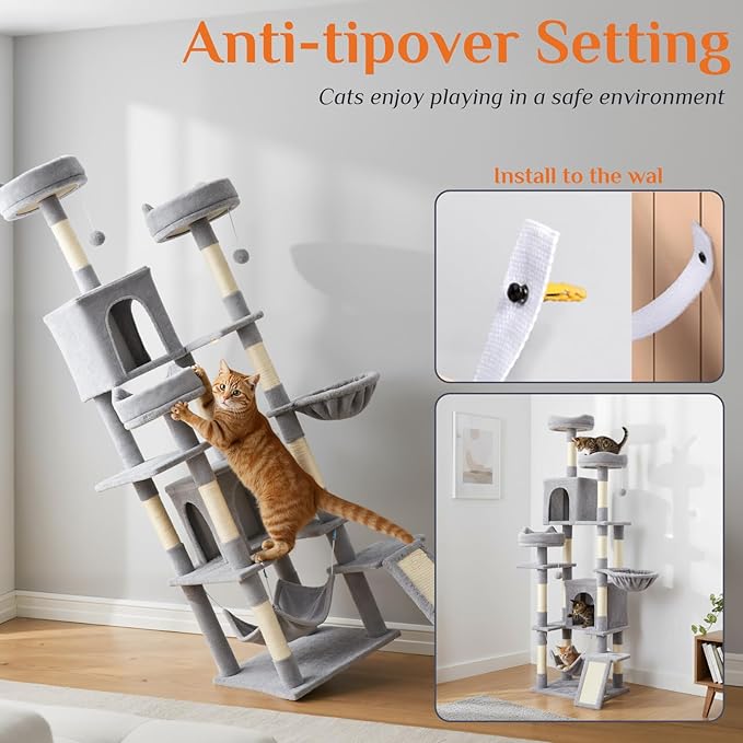 DUMOS Tall Cat Tree 75 Inch, Large Multi-Level Cat Tree Tower with Condo, Perches, Sisal Scratching Posts Board and Hammock, Pet Play House with Dangling Balls for Indoor Cats, Light Grey