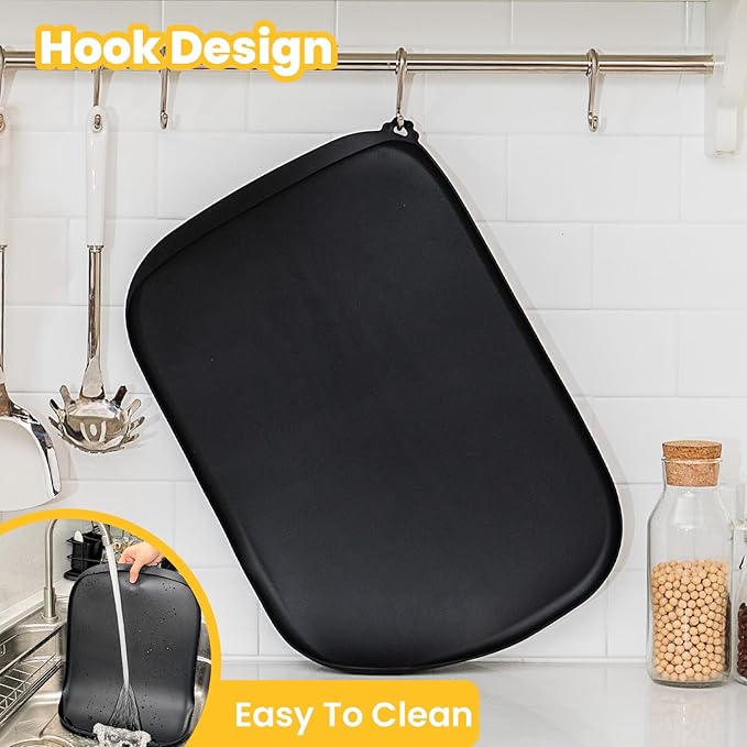 Silicone Dog Food Mat with Side Pocket & Hook Hole, Soft Raised Edges, Easy Clean Waterproof Non-Slip Pet Feeding Mat for Cats and Dogs Water Bowl, Pets Accessories(18"x12",Black)