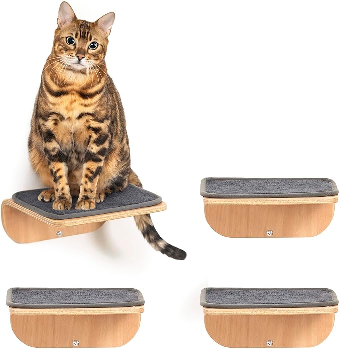 Cat Wall Shelves for Cat Wall Steps, Perch, Ladder, Wooden Floating Modern Mounted Space Saving Furniture with Scratching Cushion Removal Cover for Climbing, Jumping and Sleeping(Steps of 4)