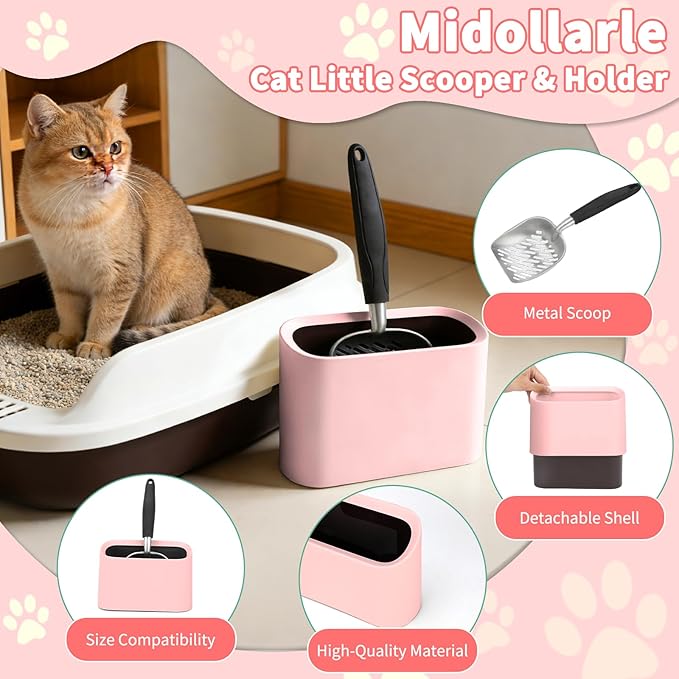 Heavy-Duty Cat Litter Scoop with Holder, Metal Cat Scooper and Detachable Trash Can,Aluminum Kitty Poop Shovel Captures All Clumps,Speed Sifter Litter Box Scooper and Caddy with Lid(Pink)