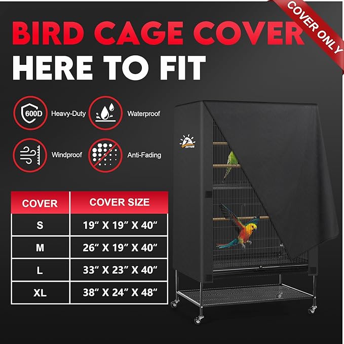 Zettum Bird Cage Cover - 600D Bird Cage Covers for Night Heavy Duty & Waterproof, Fade-Resistant Pet Bird Cage Cover Accessory for Parakeet, Parrot, Cockatiel and More Finches - 26 x 19 x 40 Inch