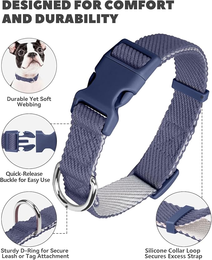 Dynmeow Soft and Breathable Cotton Dog Collar, Durable Adjustable Heavy-Duty Pet Collar with Quick-Release Buckle, Lightweight for Sensitive Skin for Medium and Large Dogs, Navy-Blue, M
