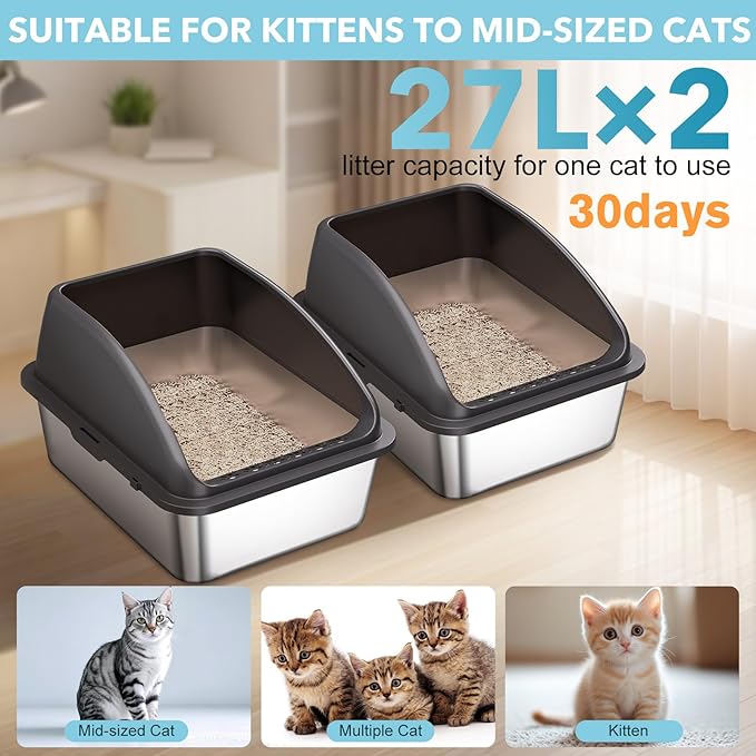 2PACK Stainless Steel Cat Litter Box,Large Litter Box with High Sides for Small Multiple Cats,Kittens,Metal Kitty Litter Boxes with Anti-Leak Lid,Non-Stick,Odorless,Easy to Clean,Scoop Included