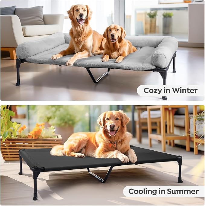 Veehoo Orthopedic Elevated Dog Bed with Fluffy Plush Bolster Cushion, Indoor Raised Dog Beds for Large Dogs, Soft Pet Sofa Cot with Removable Washable Mat, No-Slip Feet, 59 x 37 inches, Grey