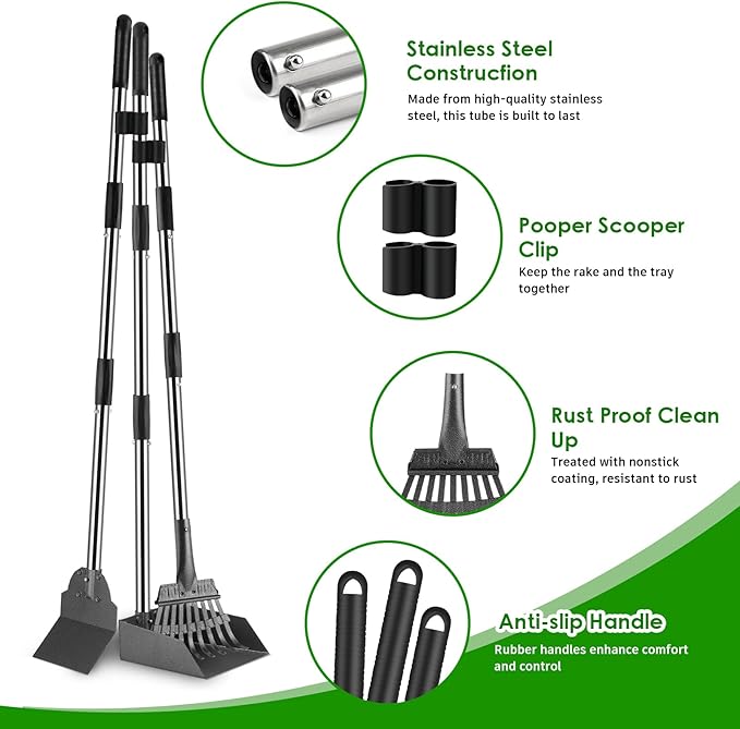 Pooper Scooper, Long Handle Dog Pooper Scooper, Heavy Duty Stainless Steel Rake, Tray & Spade Set for Pet Waste Removal, Use on Grass, Dirt or Gravel