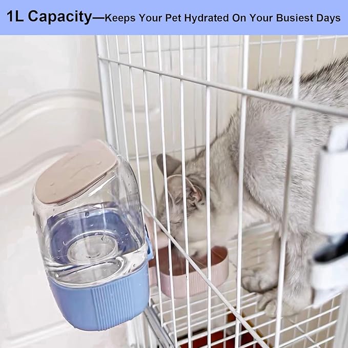 35oz Rabbit Water Bottle, Pet Hanging Automatic Water Dispenser for Small Animal Ferret Guinea Pig Chinchilla Dog Cat (Cage Grid Spacing 1.1''-2.1'') (Blue-Pink)