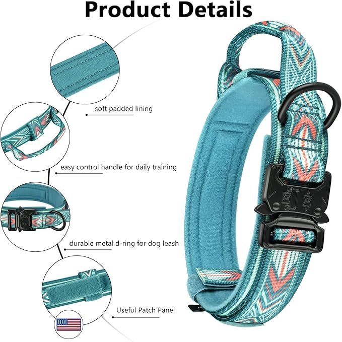 DAGANXI Tactical Dog Collar, Adjustable Military Training Nylon Dog Collar with Control Handle and Heavy Metal Buckle for Medium and Large Dogs, with Patches and Airtags Case (XL, Green Arrow)